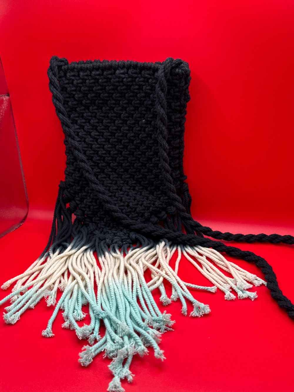 Love Black Crossbody Bag with Cream-to-Blue Ombre Fringe